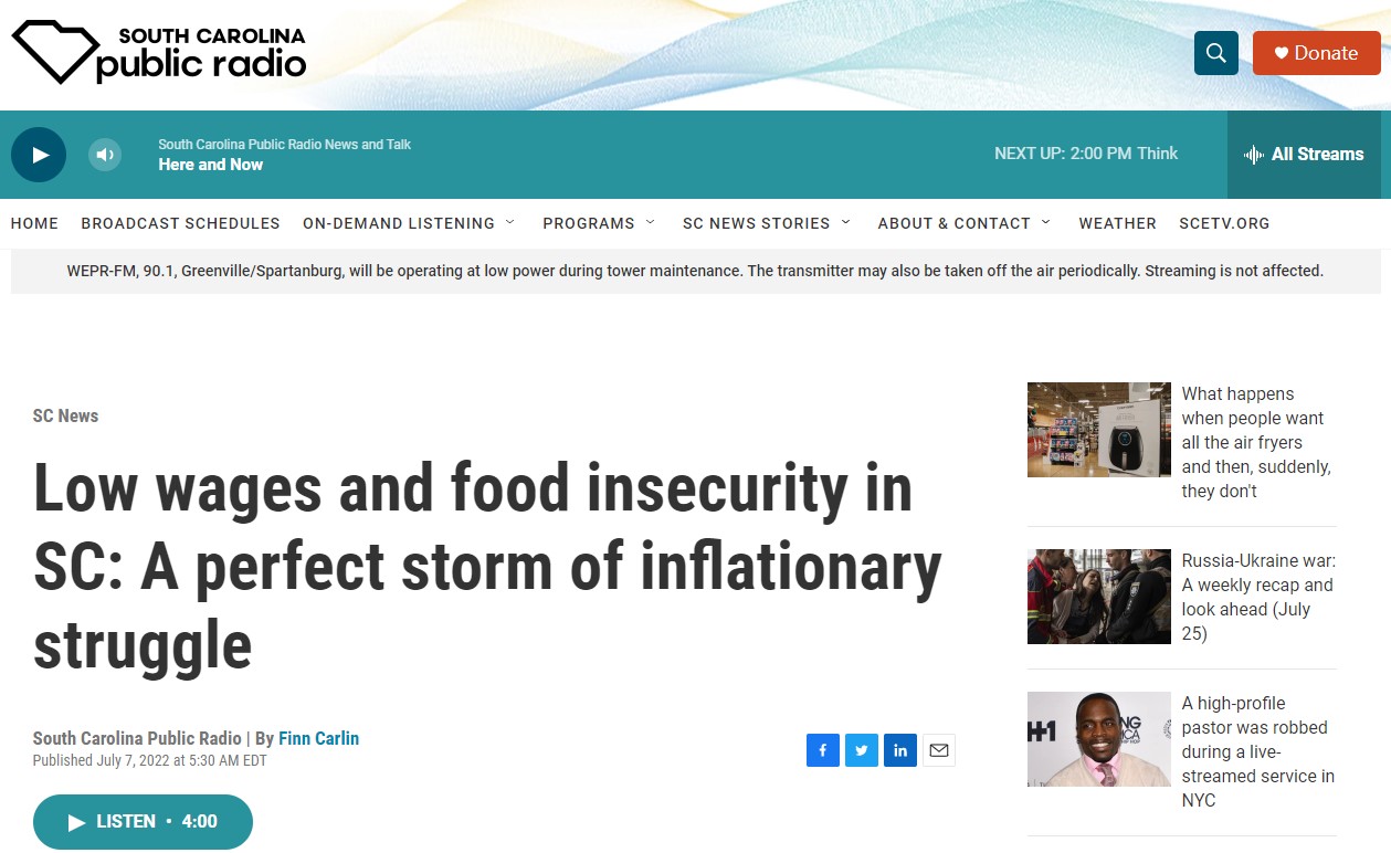 South Carolina Public Radio Highlight of Low wages and food insecurity in SC
