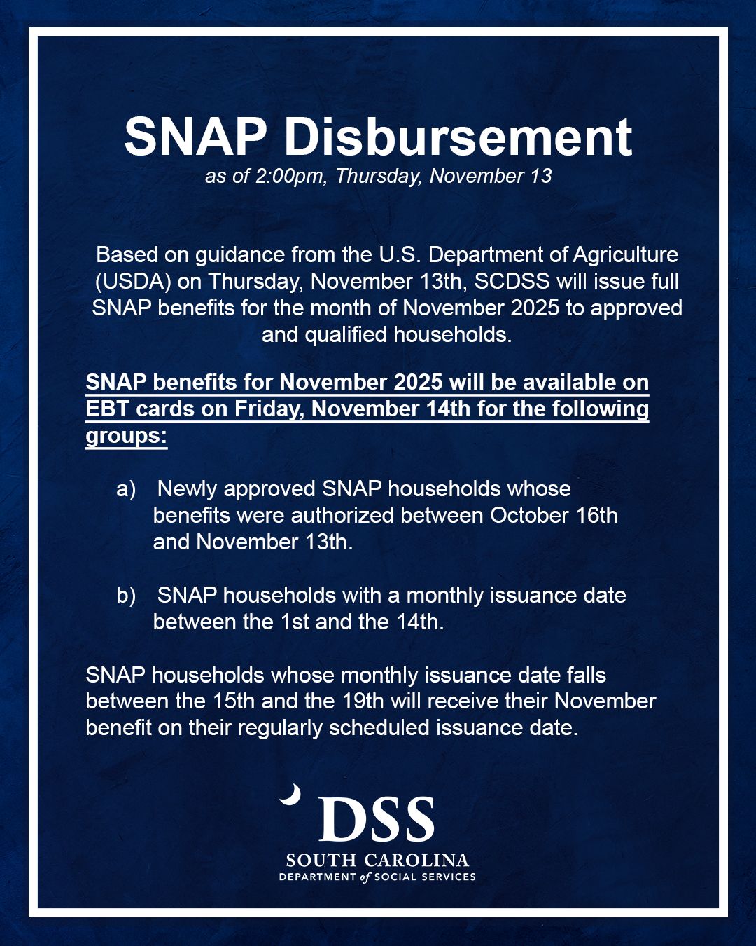 SCDSS To Issue Full November Food Assistance Benefits on Friday with Federal Government Reopening